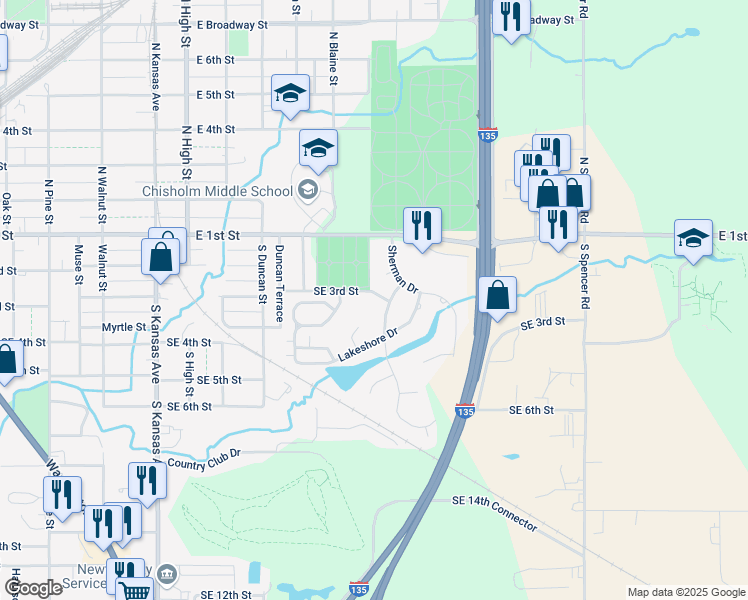 map of restaurants, bars, coffee shops, grocery stores, and more near 409 Rolling Hills Dr in Newton