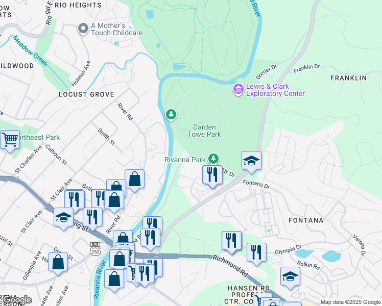 map of restaurants, bars, coffee shops, grocery stores, and more near 1475 Darden Towe Park in Charlottesville