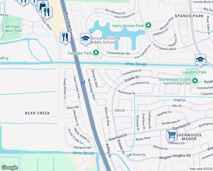 map of restaurants, bars, coffee shops, grocery stores, and more near 3746 Gentle Rain Way in Stockton