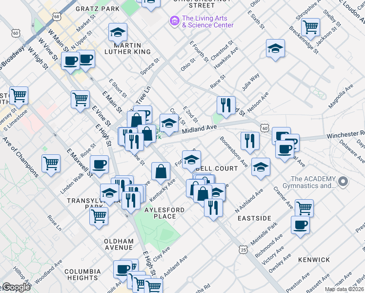 map of restaurants, bars, coffee shops, grocery stores, and more near 138 Forest Avenue in Lexington