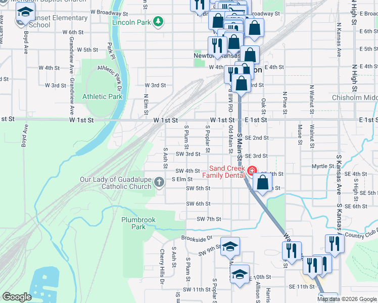 map of restaurants, bars, coffee shops, grocery stores, and more near 305 South Plum Street in Newton