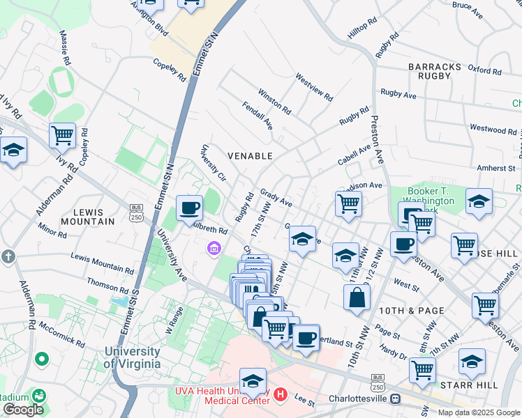 map of restaurants, bars, coffee shops, grocery stores, and more near 1701 Gordon Avenue in Charlottesville