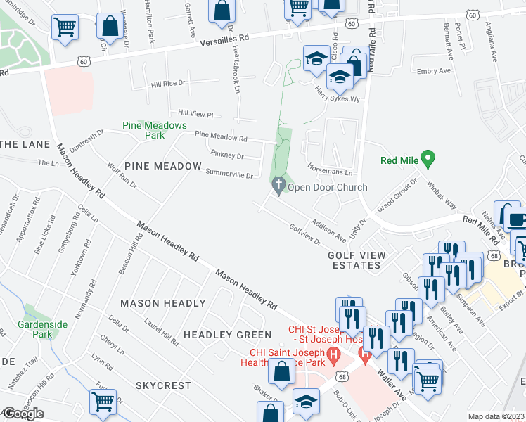 map of restaurants, bars, coffee shops, grocery stores, and more near 732 Golfview Drive in Lexington