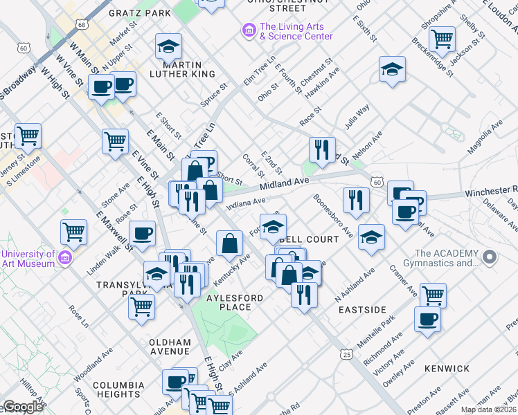 map of restaurants, bars, coffee shops, grocery stores, and more near 137 Forest Avenue in Lexington