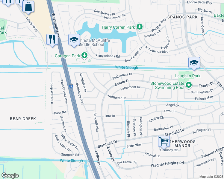 map of restaurants, bars, coffee shops, grocery stores, and more near 3616 Estate Drive in Stockton