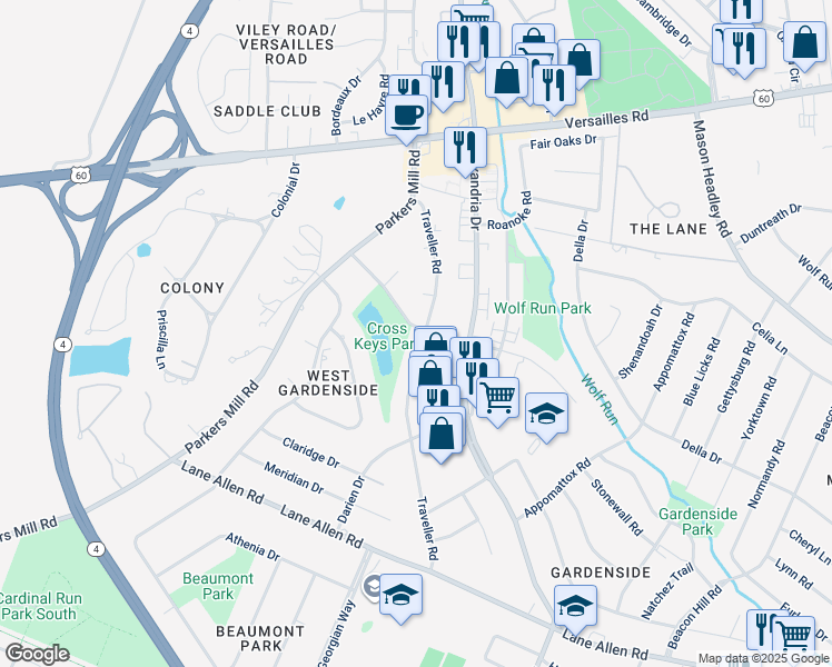 map of restaurants, bars, coffee shops, grocery stores, and more near 1708 Traveller Road in Lexington