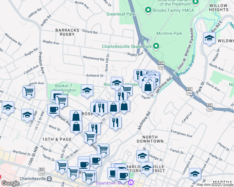 map of restaurants, bars, coffee shops, grocery stores, and more near 1200 Forest Street in Charlottesville