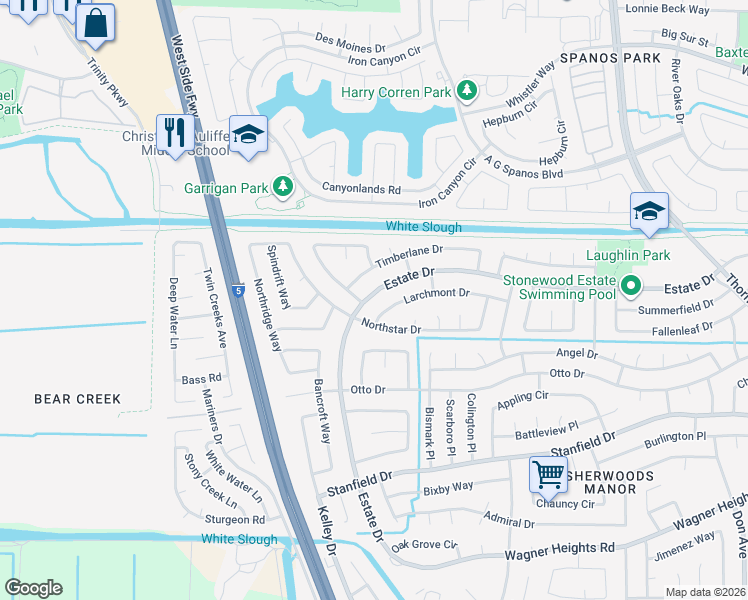 map of restaurants, bars, coffee shops, grocery stores, and more near 3616 Estate Drive in Stockton