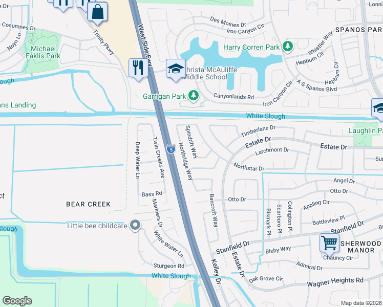 map of restaurants, bars, coffee shops, grocery stores, and more near 3913 Cape Cod Drive in Stockton
