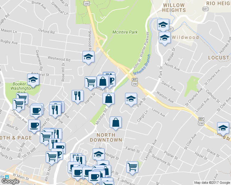 map of restaurants, bars, coffee shops, grocery stores, and more near 726 McIntire Road in Charlottesville