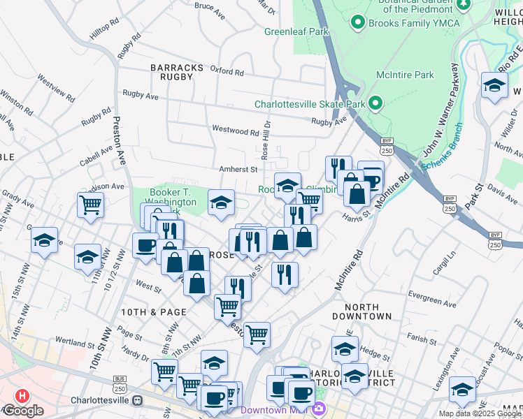 map of restaurants, bars, coffee shops, grocery stores, and more near 806 Cynthianna Avenue in Charlottesville