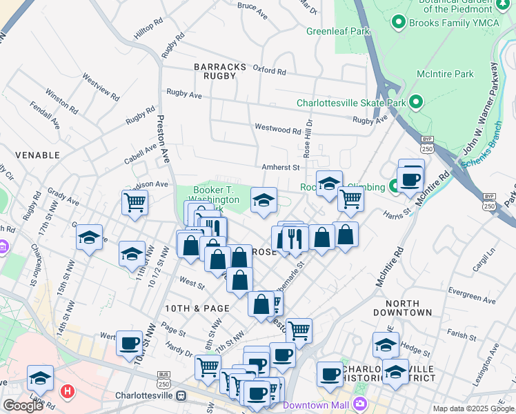 map of restaurants, bars, coffee shops, grocery stores, and more near 919 10th Street Northwest in Charlottesville