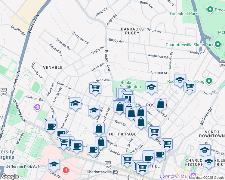 map of restaurants, bars, coffee shops, grocery stores, and more near 1011 Preston Avenue in Charlottesville