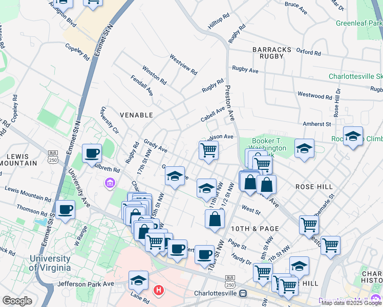 map of restaurants, bars, coffee shops, grocery stores, and more near in Charlottesville