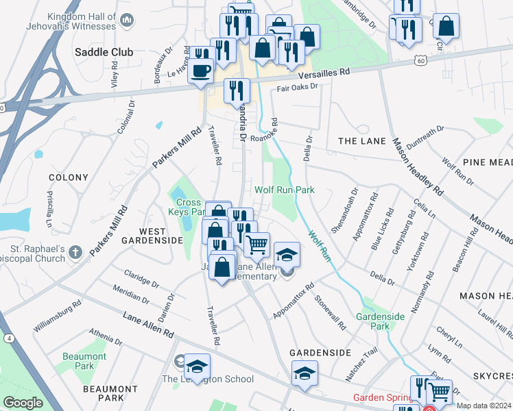 map of restaurants, bars, coffee shops, grocery stores, and more near 1674 Maywick View Lane in Lexington