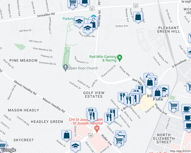 map of restaurants, bars, coffee shops, grocery stores, and more near 967 Red Mile Road in Lexington