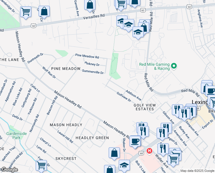 map of restaurants, bars, coffee shops, grocery stores, and more near 730 Golfview Drive in Lexington