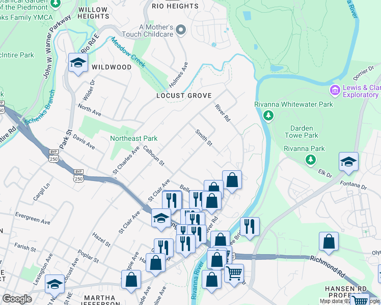 map of restaurants, bars, coffee shops, grocery stores, and more near 1025 Saint Clair Avenue in Charlottesville