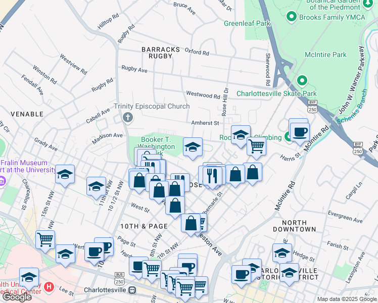map of restaurants, bars, coffee shops, grocery stores, and more near 901 Rose Hill Drive in Charlottesville
