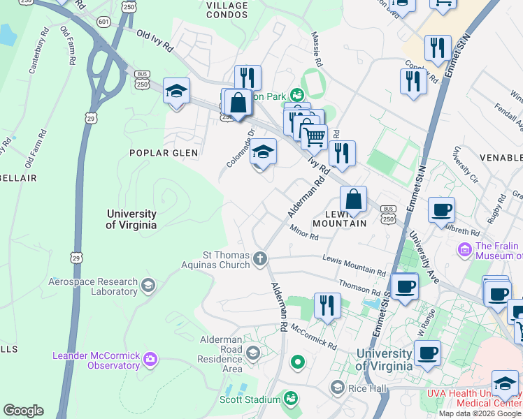 map of restaurants, bars, coffee shops, grocery stores, and more near 313 Kent Road in Charlottesville