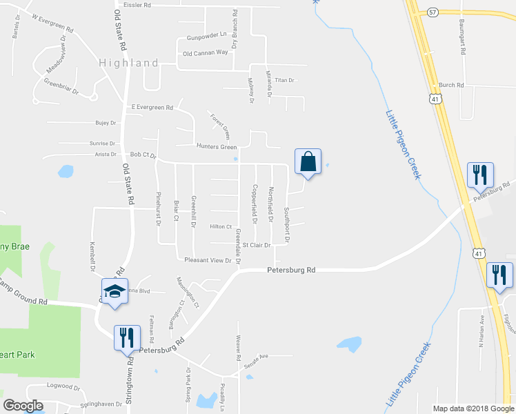 map of restaurants, bars, coffee shops, grocery stores, and more near 6811 Copperfield Drive in Evansville