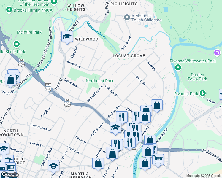 map of restaurants, bars, coffee shops, grocery stores, and more near 1001 Locust Avenue in Charlottesville