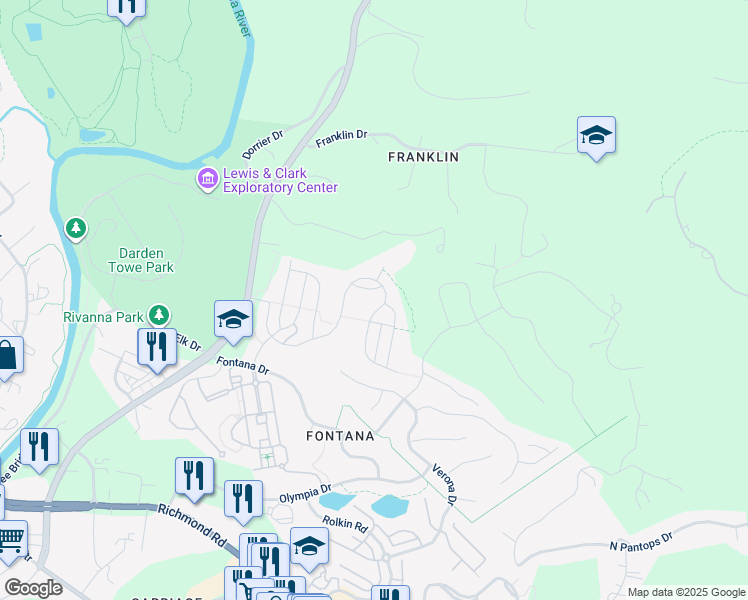 map of restaurants, bars, coffee shops, grocery stores, and more near 1833 Glissade Lane in Charlottesville