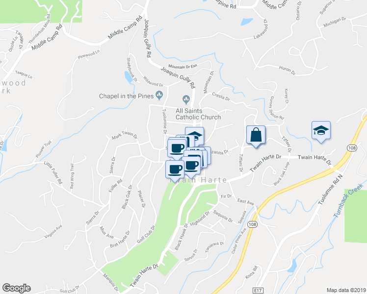 map of restaurants, bars, coffee shops, grocery stores, and more near 23017 Strauch Drive in Twain Harte