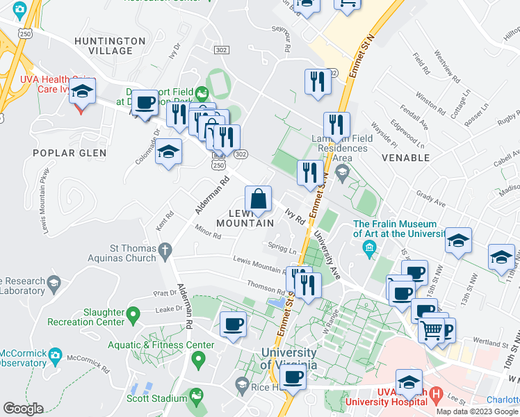 map of restaurants, bars, coffee shops, grocery stores, and more near 106 Cameron Lane in Charlottesville