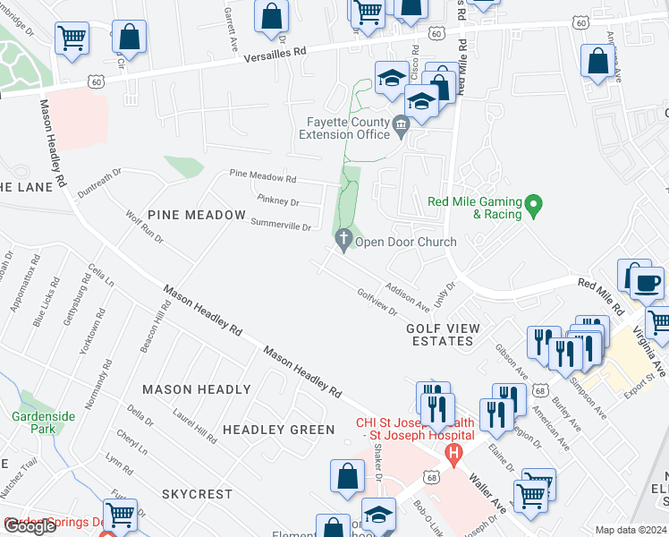 map of restaurants, bars, coffee shops, grocery stores, and more near 727 Golfview Drive in Lexington