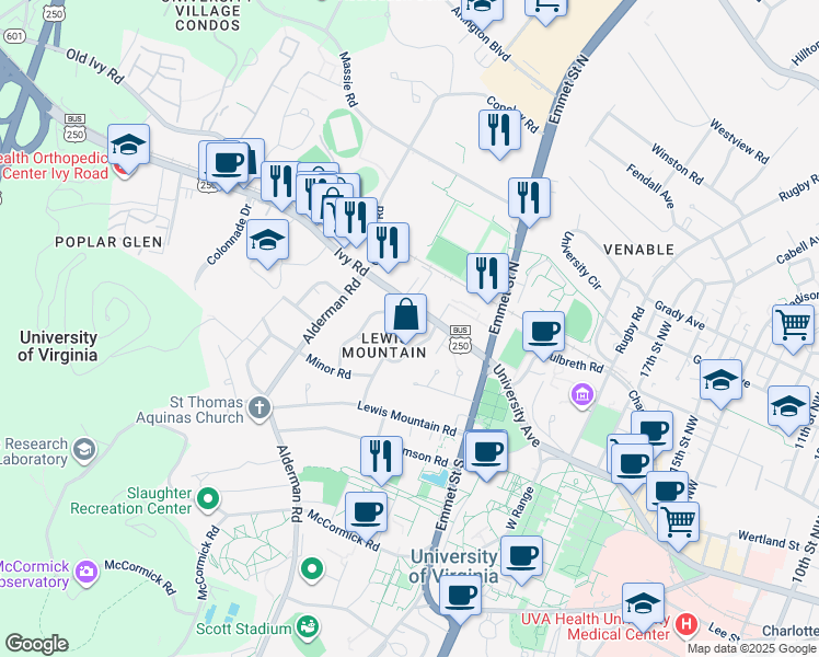 map of restaurants, bars, coffee shops, grocery stores, and more near 106 Cameron Lane in Charlottesville