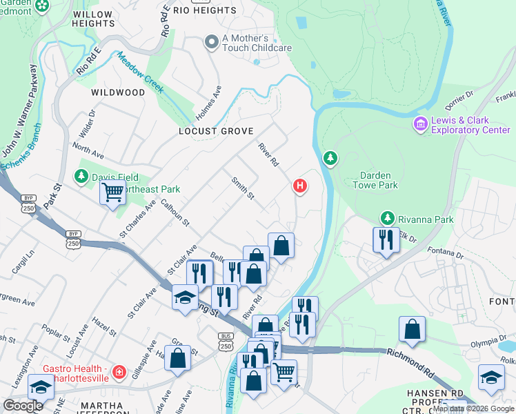 map of restaurants, bars, coffee shops, grocery stores, and more near 1210 Smith Street in Charlottesville