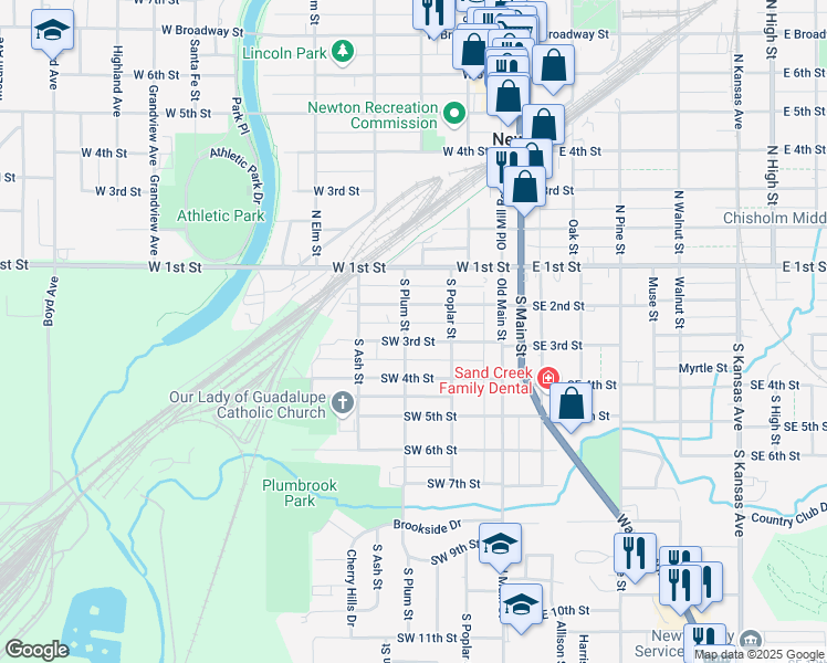 map of restaurants, bars, coffee shops, grocery stores, and more near 307 Southwest 2nd Street in Newton
