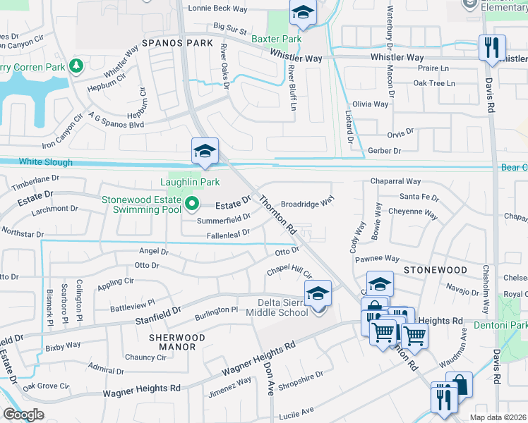 map of restaurants, bars, coffee shops, grocery stores, and more near 9808 Thornton Road in Stockton