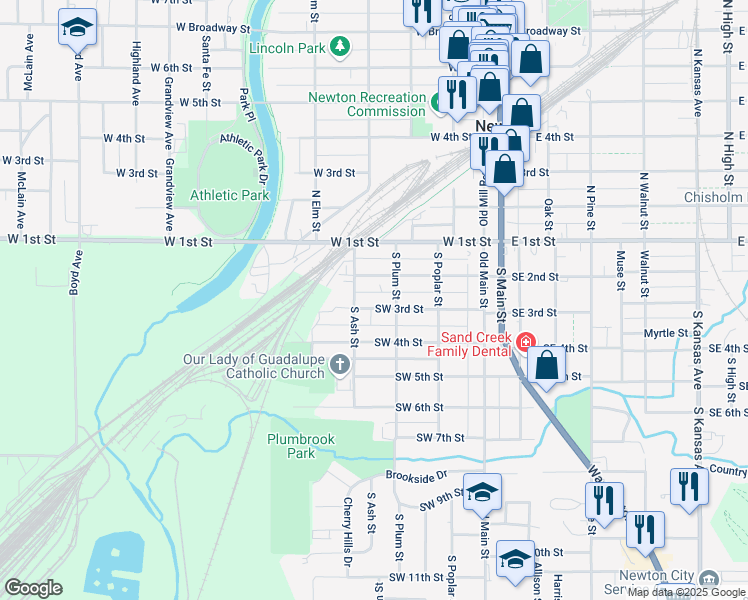 map of restaurants, bars, coffee shops, grocery stores, and more near 307 Southwest 2nd Street in Newton