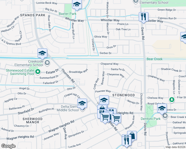 map of restaurants, bars, coffee shops, grocery stores, and more near 2130 Chester Court in Stockton