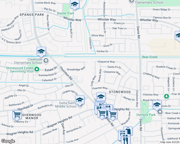 map of restaurants, bars, coffee shops, grocery stores, and more near 2130 Chester Court in Stockton