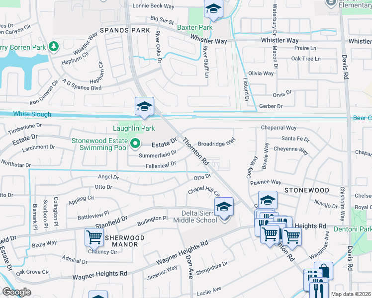 map of restaurants, bars, coffee shops, grocery stores, and more near 9808 Thornton Road in Stockton
