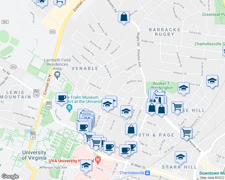 map of restaurants, bars, coffee shops, grocery stores, and more near 617 Madison Avenue in Charlottesville
