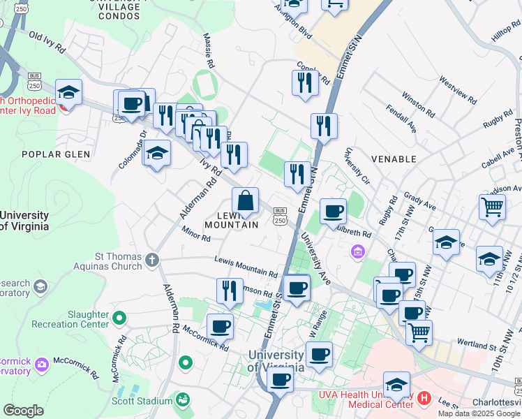 map of restaurants, bars, coffee shops, grocery stores, and more near in Charlottesville