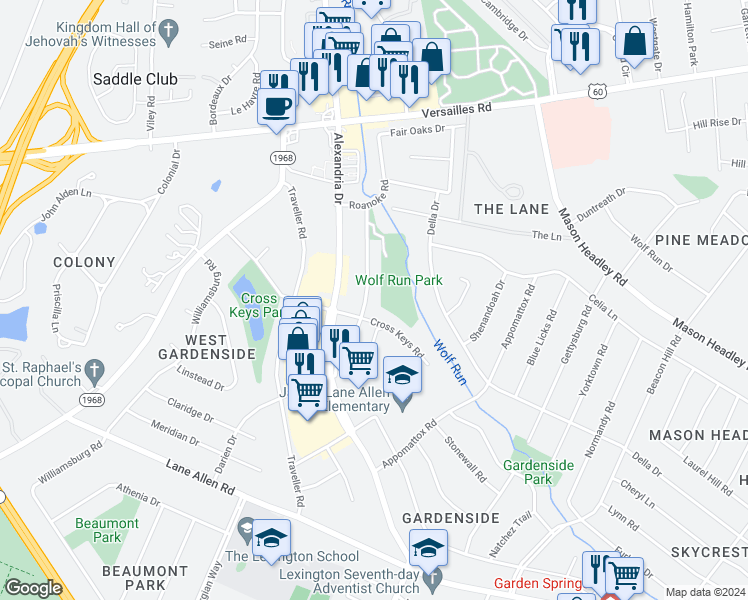 map of restaurants, bars, coffee shops, grocery stores, and more near 1646 Maywick View Lane in Lexington