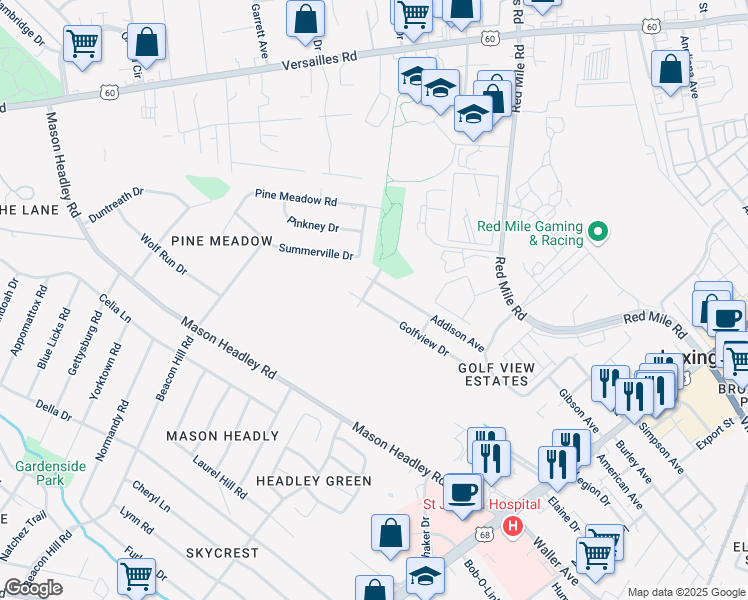 map of restaurants, bars, coffee shops, grocery stores, and more near 729 Golfview Drive in Lexington