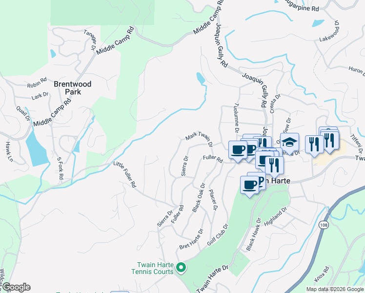 map of restaurants, bars, coffee shops, grocery stores, and more near 23113-23125 Mark Twain Drive in Twain Harte
