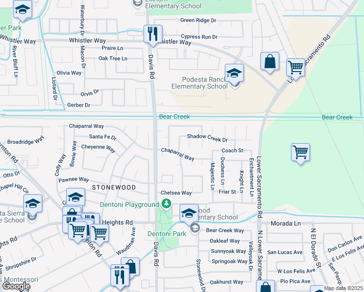 map of restaurants, bars, coffee shops, grocery stores, and more near 9818 Shady Oaks Drive in Stockton