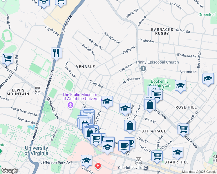map of restaurants, bars, coffee shops, grocery stores, and more near 602 Cabell Avenue in Charlottesville