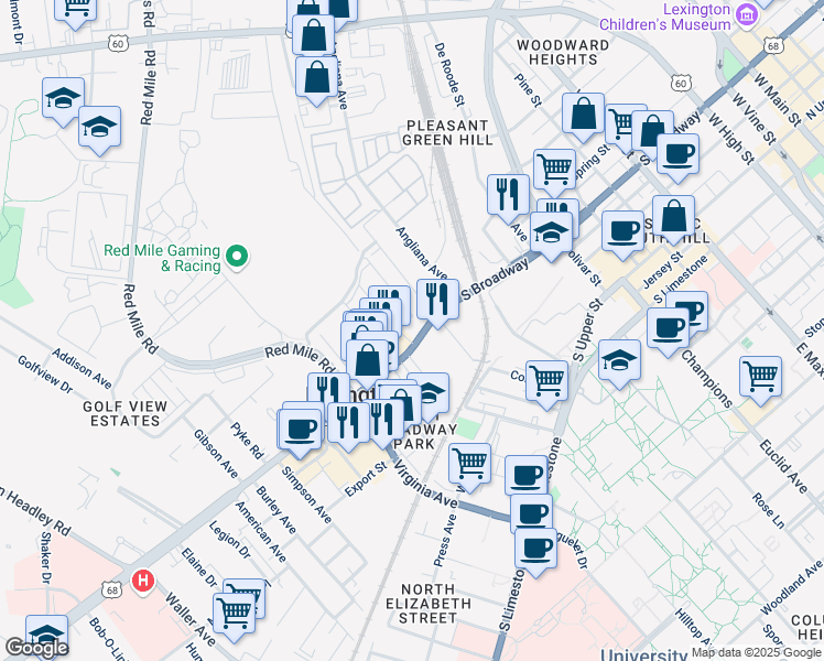 map of restaurants, bars, coffee shops, grocery stores, and more near 843 South Broadway in Lexington