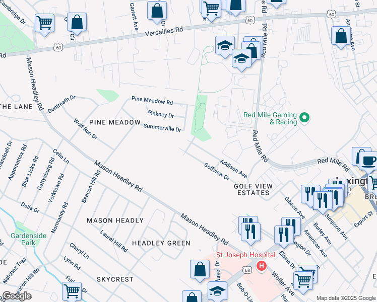 map of restaurants, bars, coffee shops, grocery stores, and more near 733 Golfview Drive in Lexington