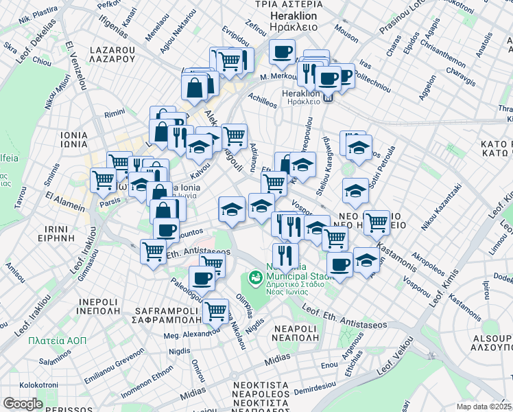map of restaurants, bars, coffee shops, grocery stores, and more near in Nea Ionia