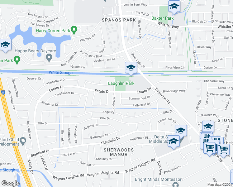 map of restaurants, bars, coffee shops, grocery stores, and more near 2750 Estate Drive in Stockton