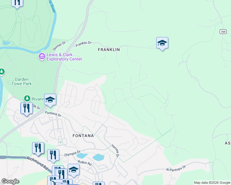 map of restaurants, bars, coffee shops, grocery stores, and more near 1735 Hyland Creek Circle in Charlottesville